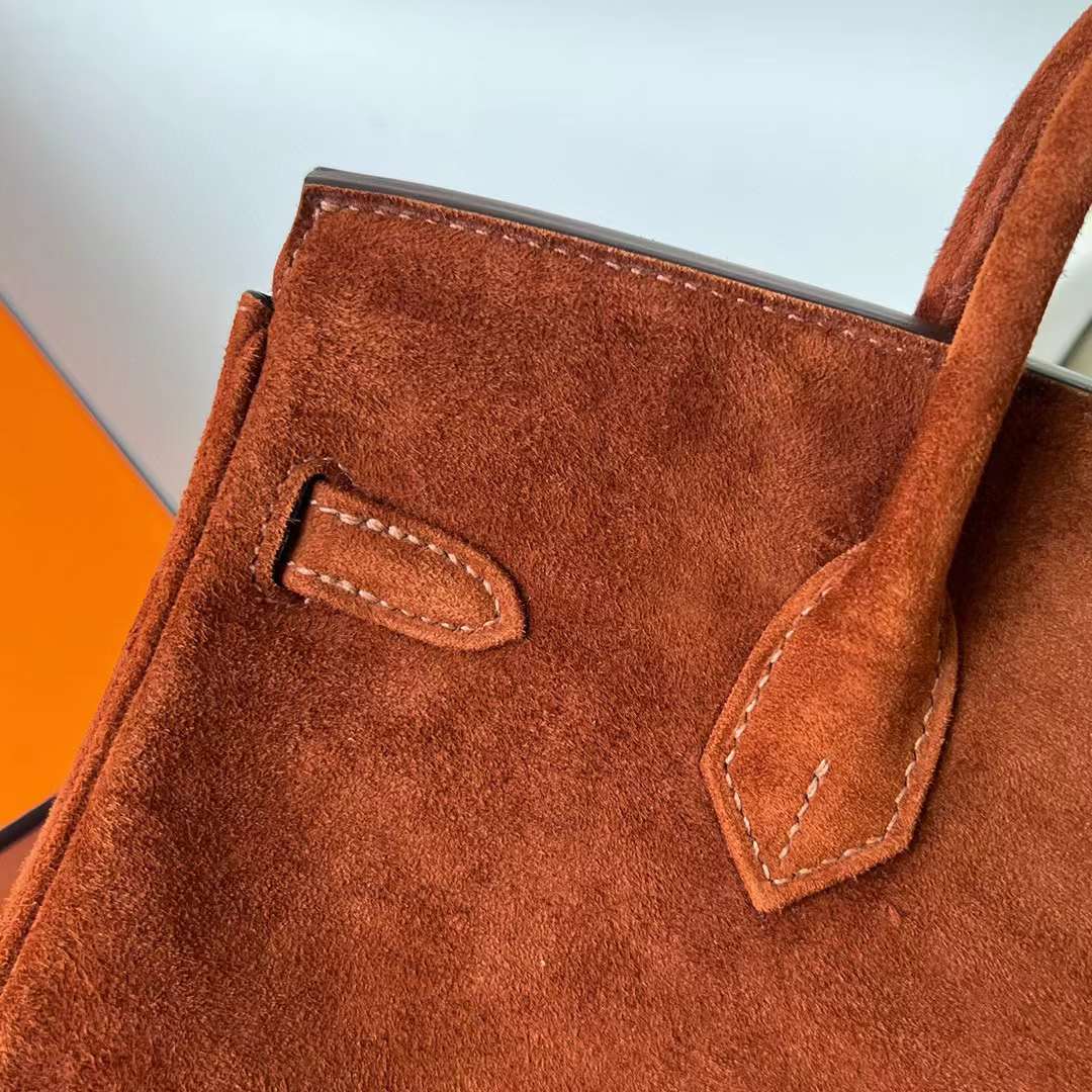 Hermès（爱马仕）Birkin 铂金包 Suede 进口羊皮反绒 麂皮 泰迪色 金扣 25cm 全手工蜡线缝制 Ghw