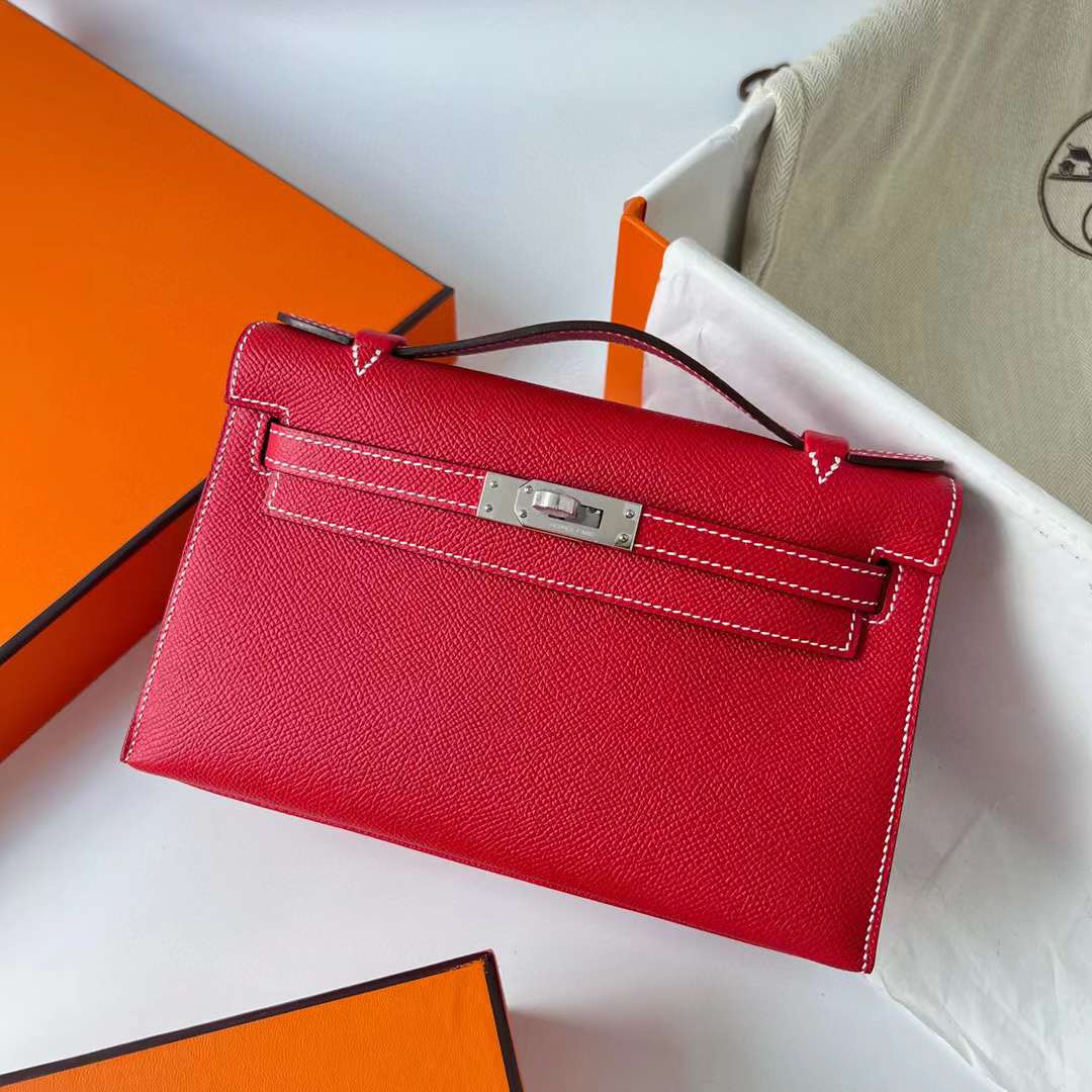 Hermès（爱马仕）Mini Kelly Pochette Epsom Q5 国旗红 银扣 走白色线 22cm 全手工蜡线缝制 Phw