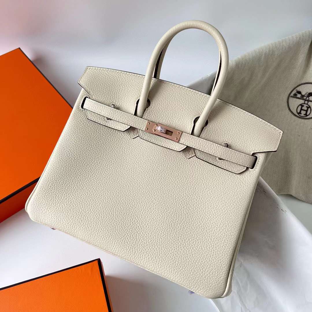 Hermès（爱马仕）Birkin 铂金包 Togo 进口小牛皮 i2 奶油白 玫瑰金扣 25cm 全手工蜡线缝制 Rghw