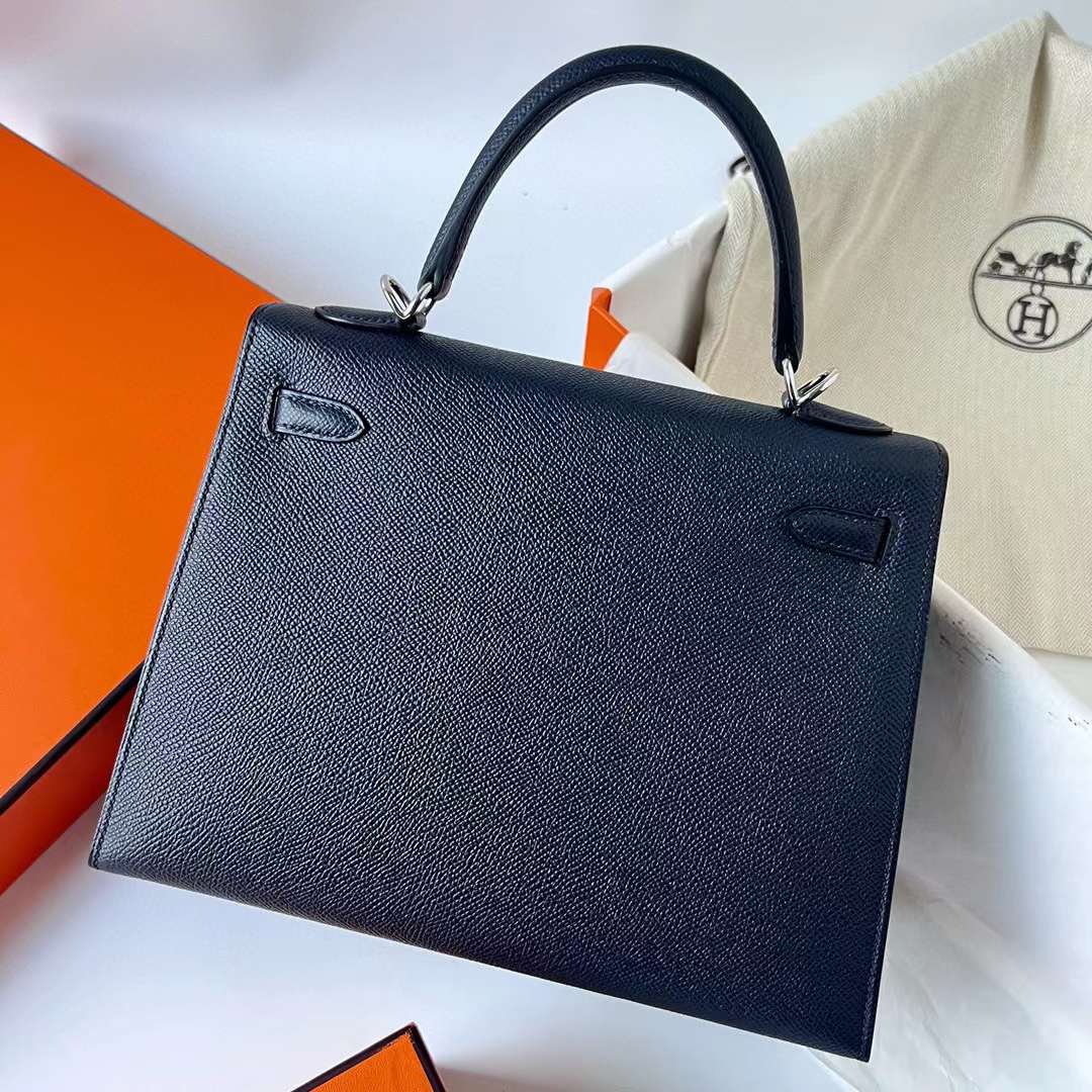 Hermès（爱马仕）Kelly 凯莉包 Epsom Ck76 深海蓝 银扣 25cm 全手工蜡线缝制 Phw