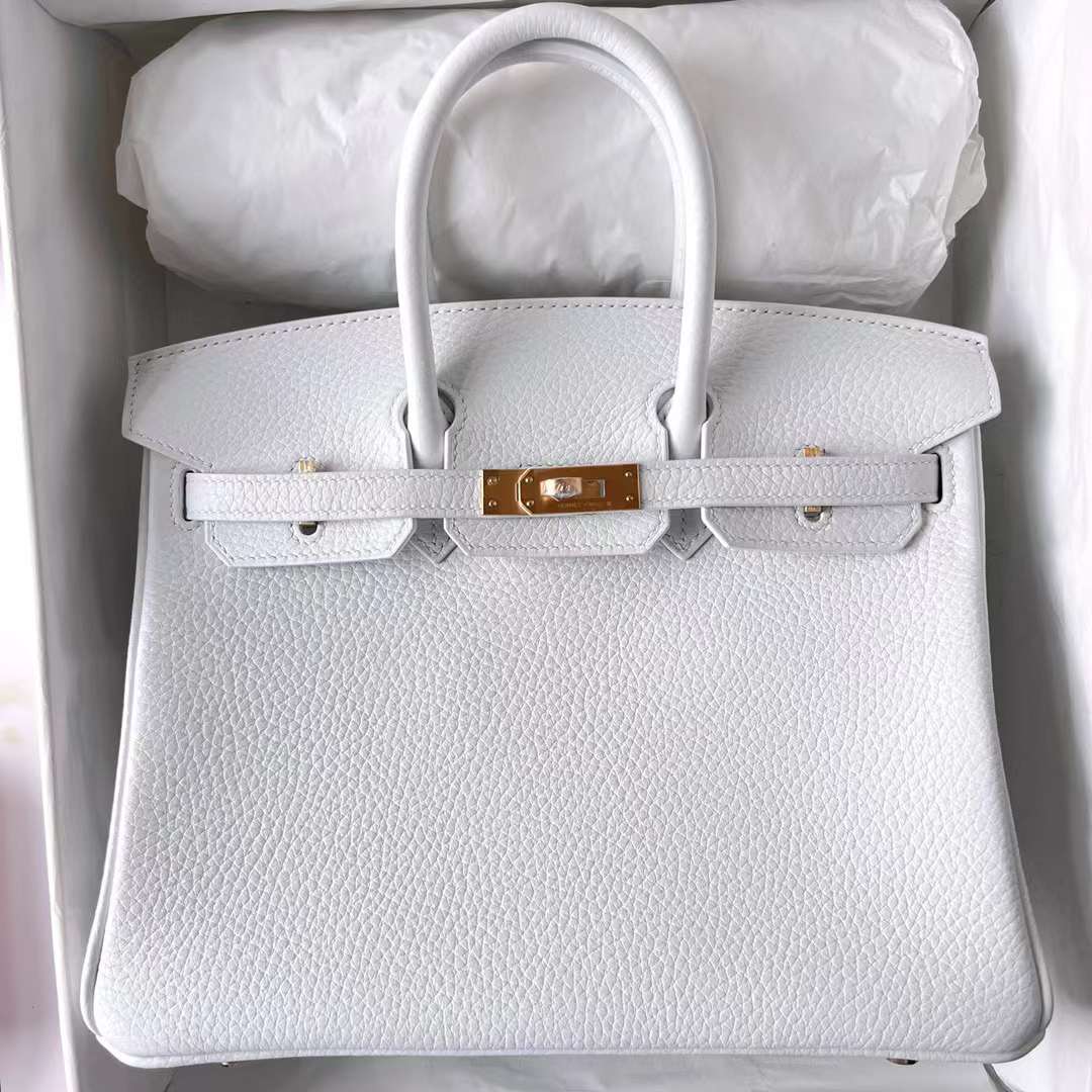 Hermès（爱马仕）Birkin 铂金包 Clemence 进口TC大牛皮 01 纯白 内拼 9R 柠檬黄 拉丝金扣 25cm 全手工蜡线缝制 Bghw