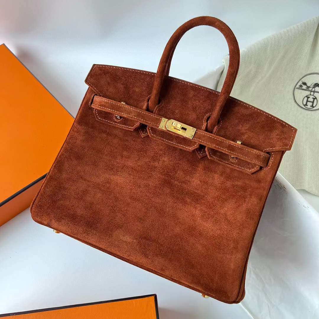 Hermès（爱马仕）Birkin 铂金包 Suede 进口羊皮反绒 麂皮 泰迪色 金扣 25cm 全手工蜡线缝制 Ghw