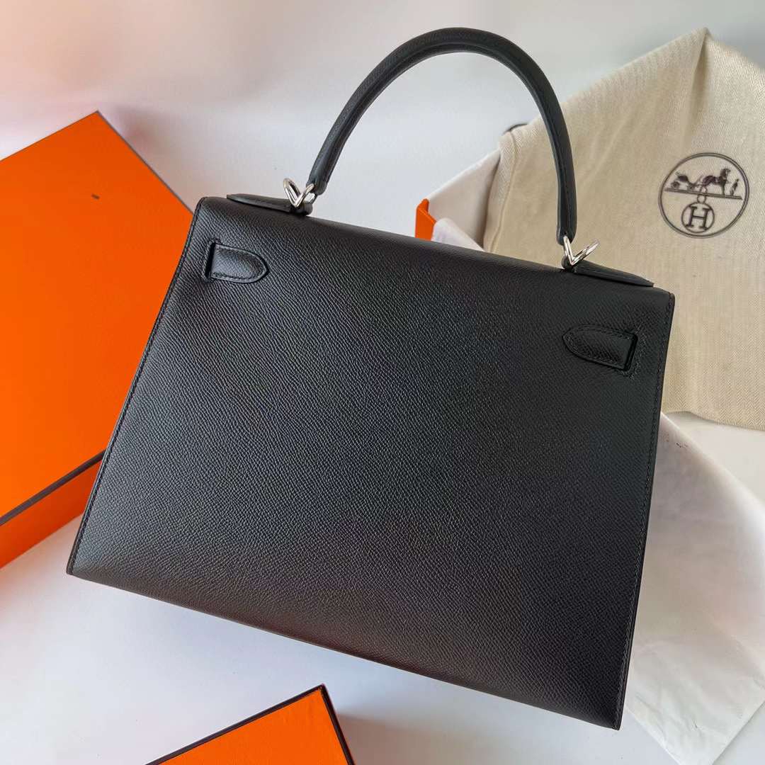 Hermès（爱马仕）Kelly 凯莉包 Epsom Ck89 黑色 银扣 28cm 全手工蜡线缝制 Phw