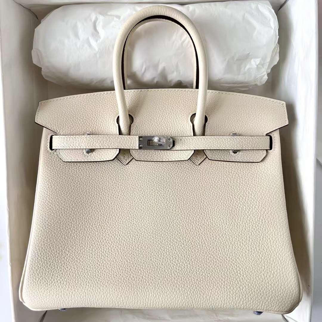 Hermès（爱马仕）Birkin 铂金包 Togo 进口小牛皮 i2 奶油白 银扣 25cm 全手工蜡线缝制 Phw