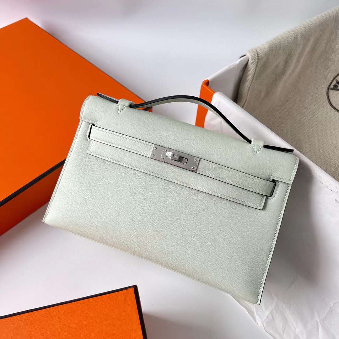 Hermès（爱马仕）Mini Kelly Pochette Swift 0S 气泡绿 银扣 22cm 全手工蜡线缝制 Phw