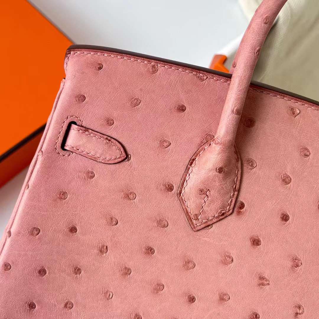 Hermès（爱马仕）Birkin 铂金包 Ostrich 进口鸵鸟皮 Ck94 陶瓷粉 金扣 25cm 全手工蜡线缝制 Ghw