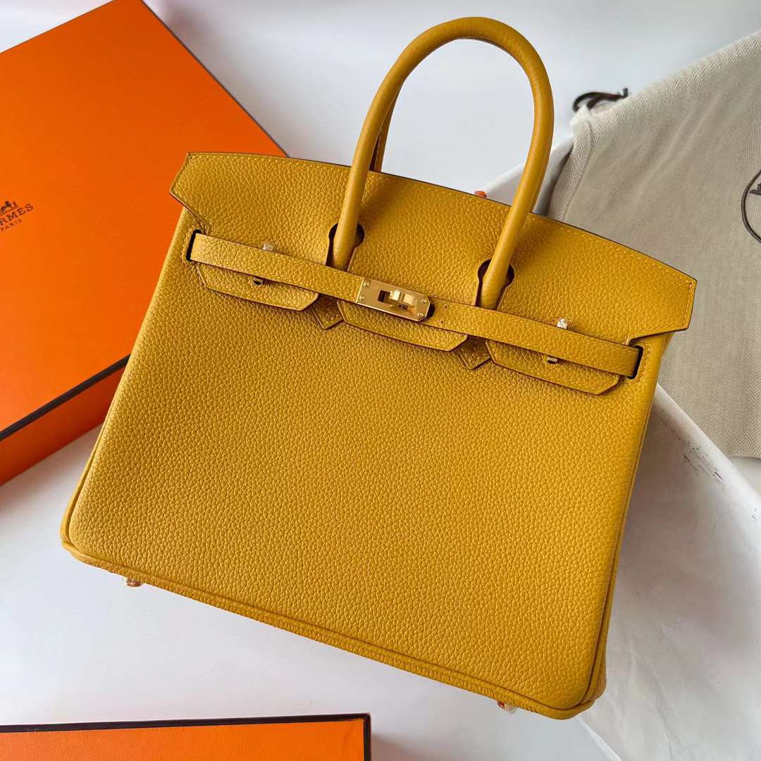 Hermès（爱马仕）Birkin 铂金包 Togo皮 9D 琥珀黄 金扣 25cm 全手工蜡线缝制 Ghw