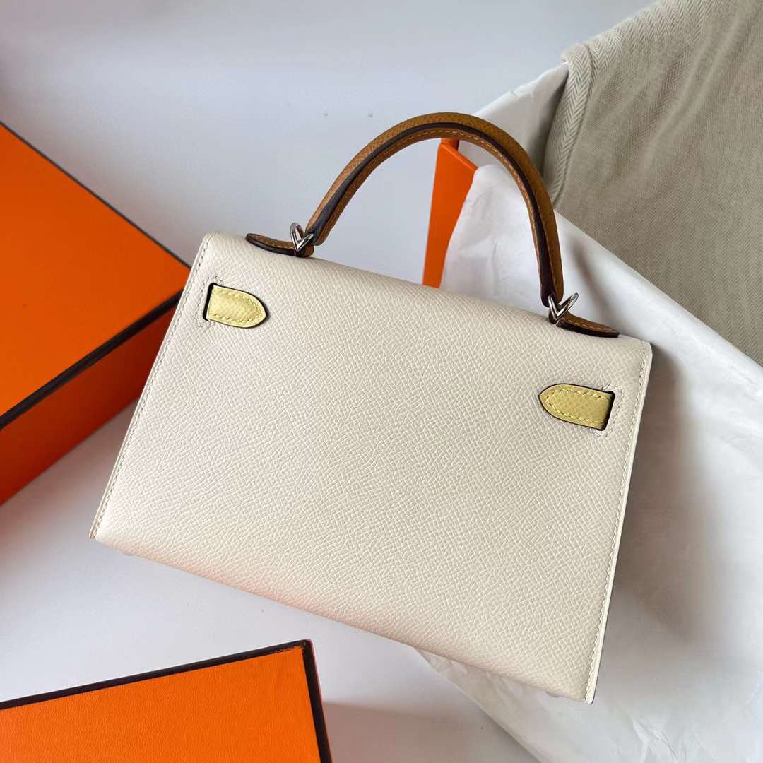 Hermès（爱马仕）Mini Kelly 迷你凯莉 Epsom i2 奶油白 拼 1z 小鸡黄 拼 2S 芝麻色 银扣 19cm 全手工蜡线缝制 Phw