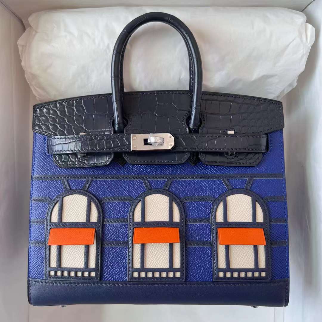 Hermès（爱马仕）Birkin 限量版 蓝色 小房子 银扣 20cm 全手工蜡线缝制 Phw