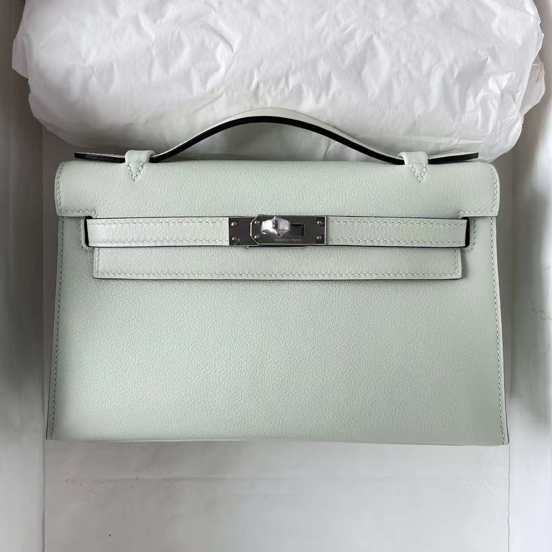 Hermès（爱马仕）Mini Kelly Pochette Swift 0S 气泡绿 银扣 22cm 全手工蜡线缝制 Phw
