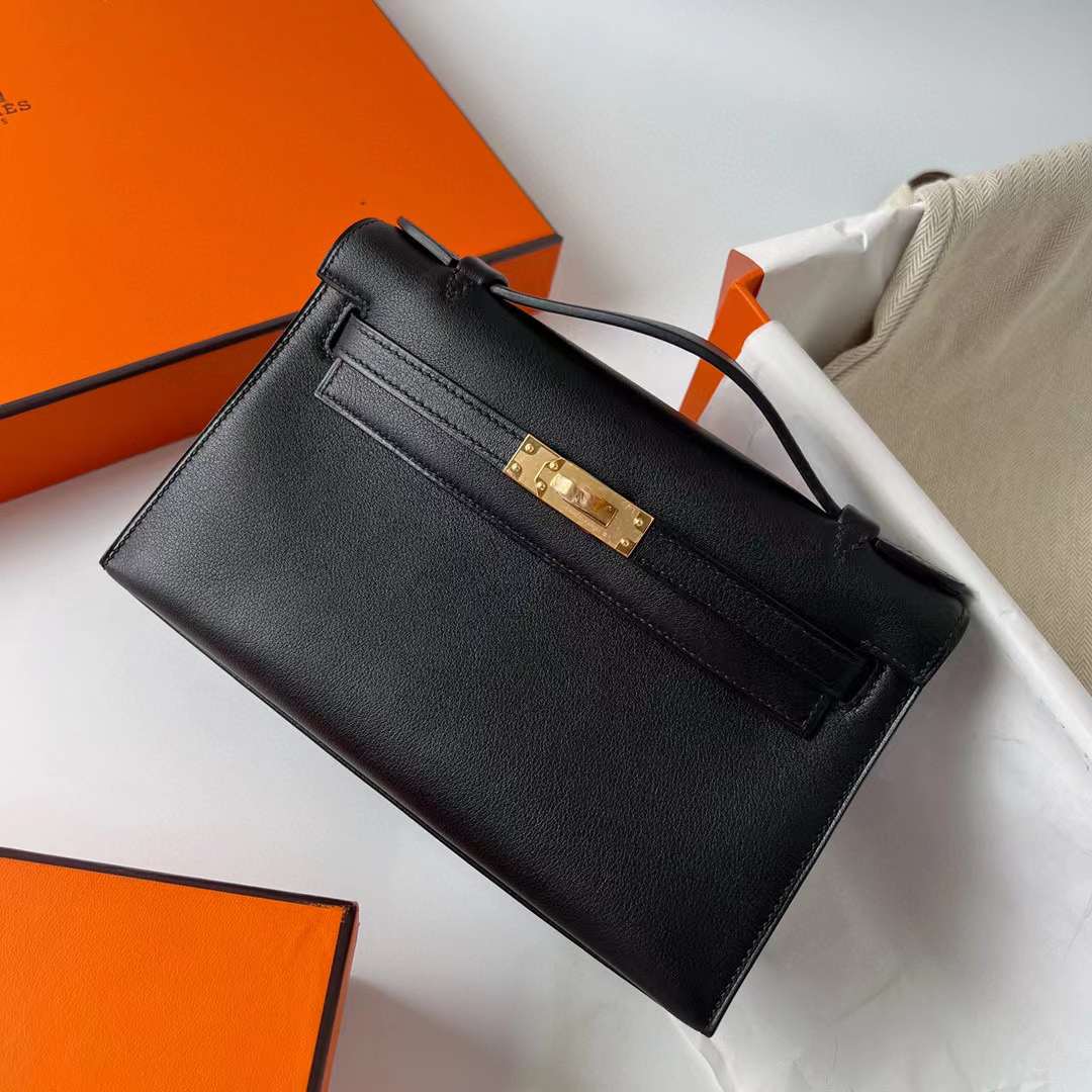 Hermès（爱马仕）Mini Kelly Pochette Swift Ck89 黑色 金扣 22cm 全手工蜡线缝制 Ghw