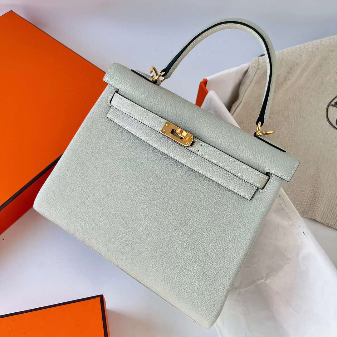 Hermès（爱马仕）Kelly 凯莉包 Togo 进口小牛皮 0W 水晶灰 金扣 25cm 全手工蜡线缝制 Ghw