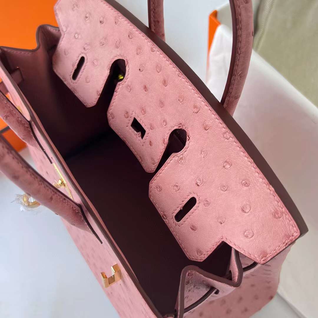 Hermès（爱马仕）Birkin 铂金包 Ostrich 进口鸵鸟皮 Ck94 陶瓷粉 金扣 25cm 全手工蜡线缝制 Ghw