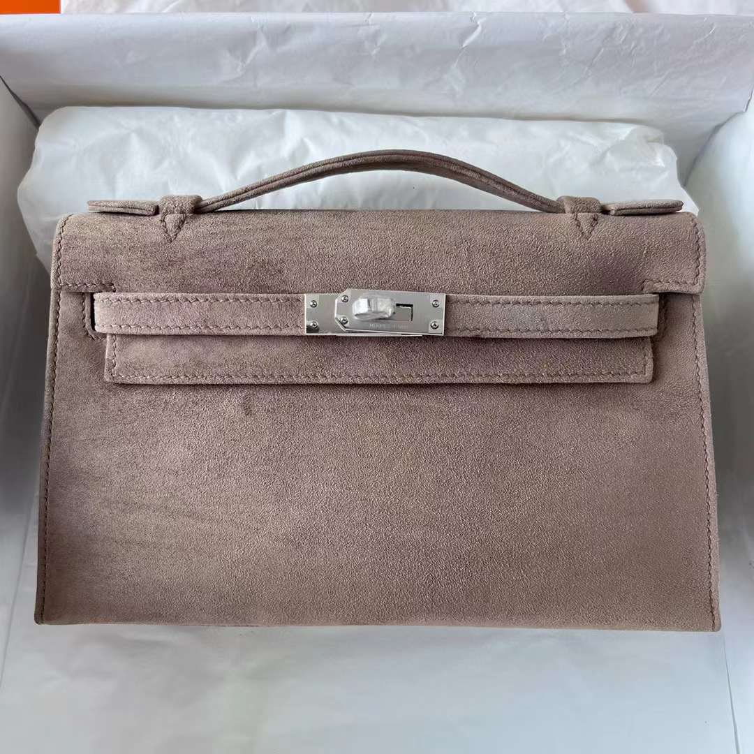 Hermès（爱马仕）Mini Kelly Pochette Suede 进口麂皮 Ck18 大象灰 银扣 22cm 全手工蜡线缝制 Phw