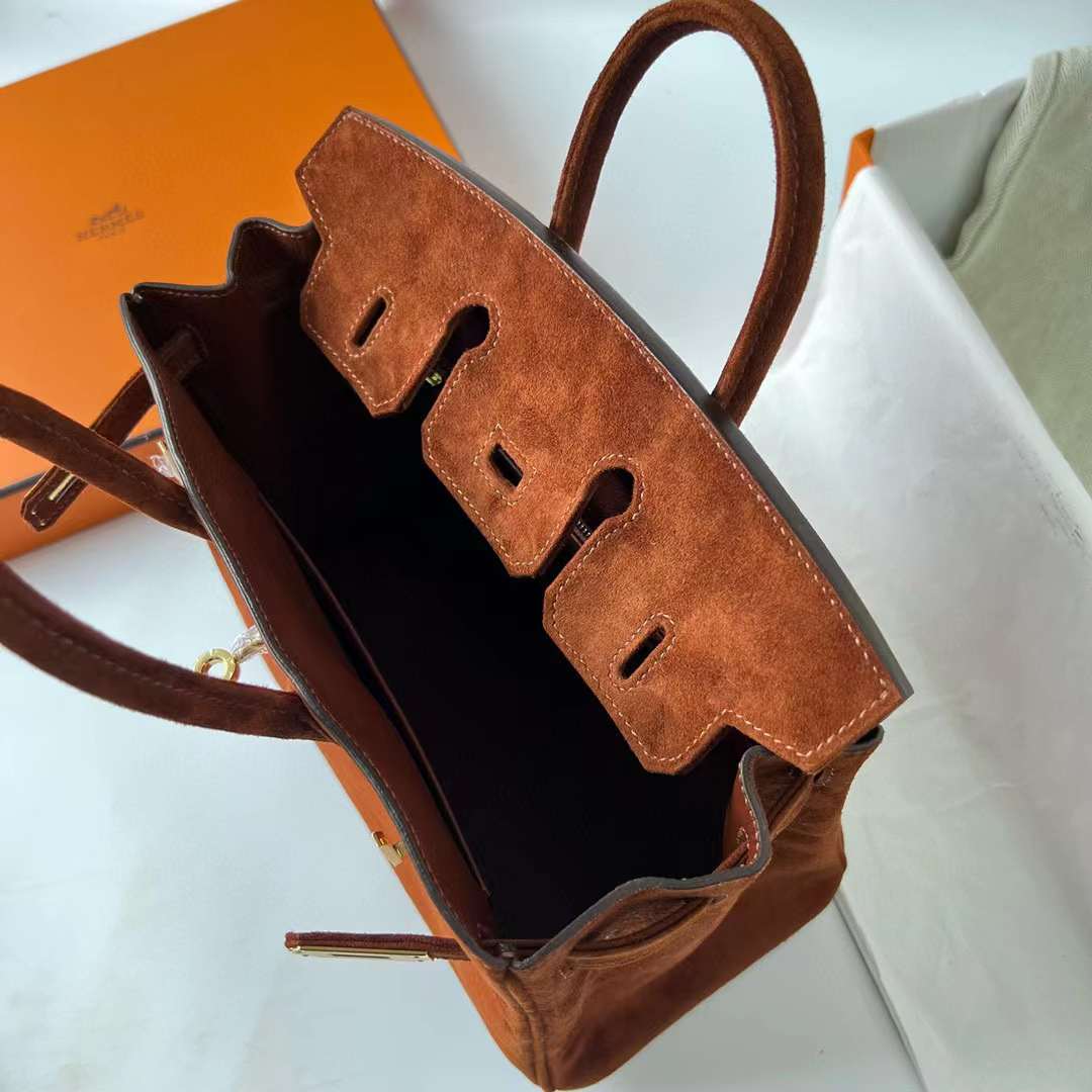 Hermès（爱马仕）Birkin 铂金包 Suede 进口羊皮反绒 麂皮 泰迪色 金扣 25cm 全手工蜡线缝制 Ghw