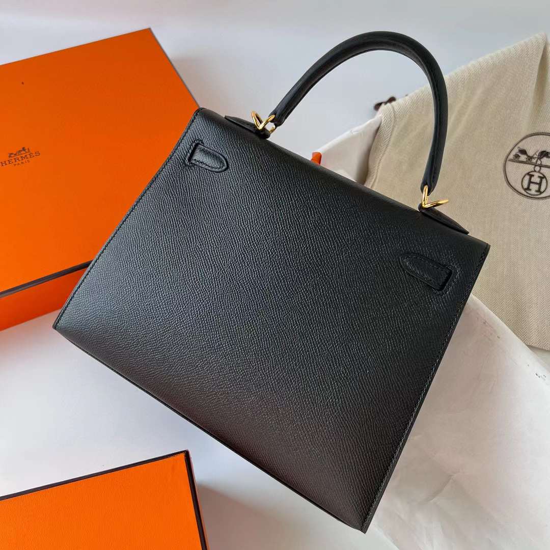 Hermès（爱马仕）Kelly 凯莉包 Epsom Ck89 黑色 金扣 25cm 全手工蜡线缝制 Ghw