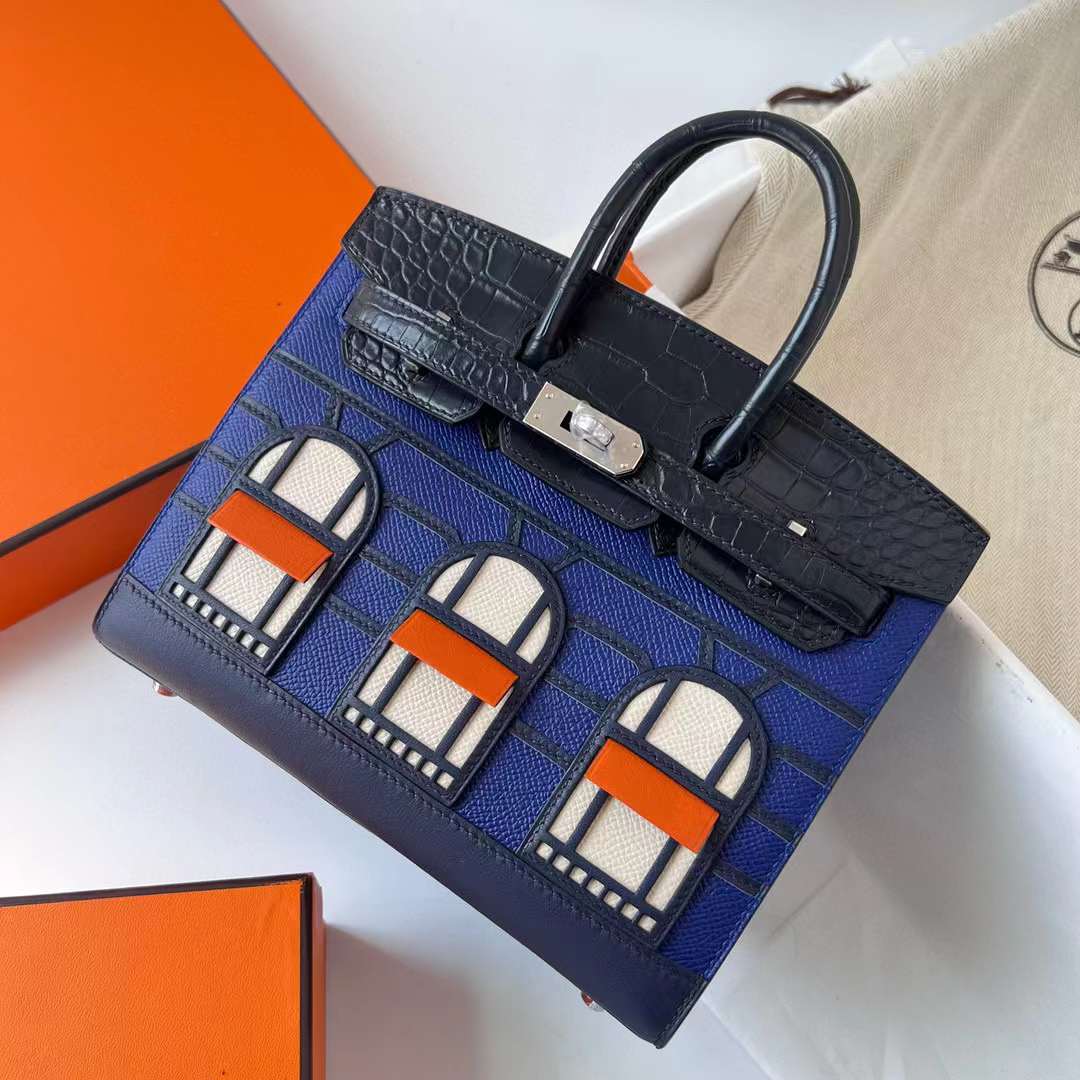 Hermès（爱马仕）Birkin 限量版 蓝色 小房子 银扣 20cm 全手工蜡线缝制 Phw