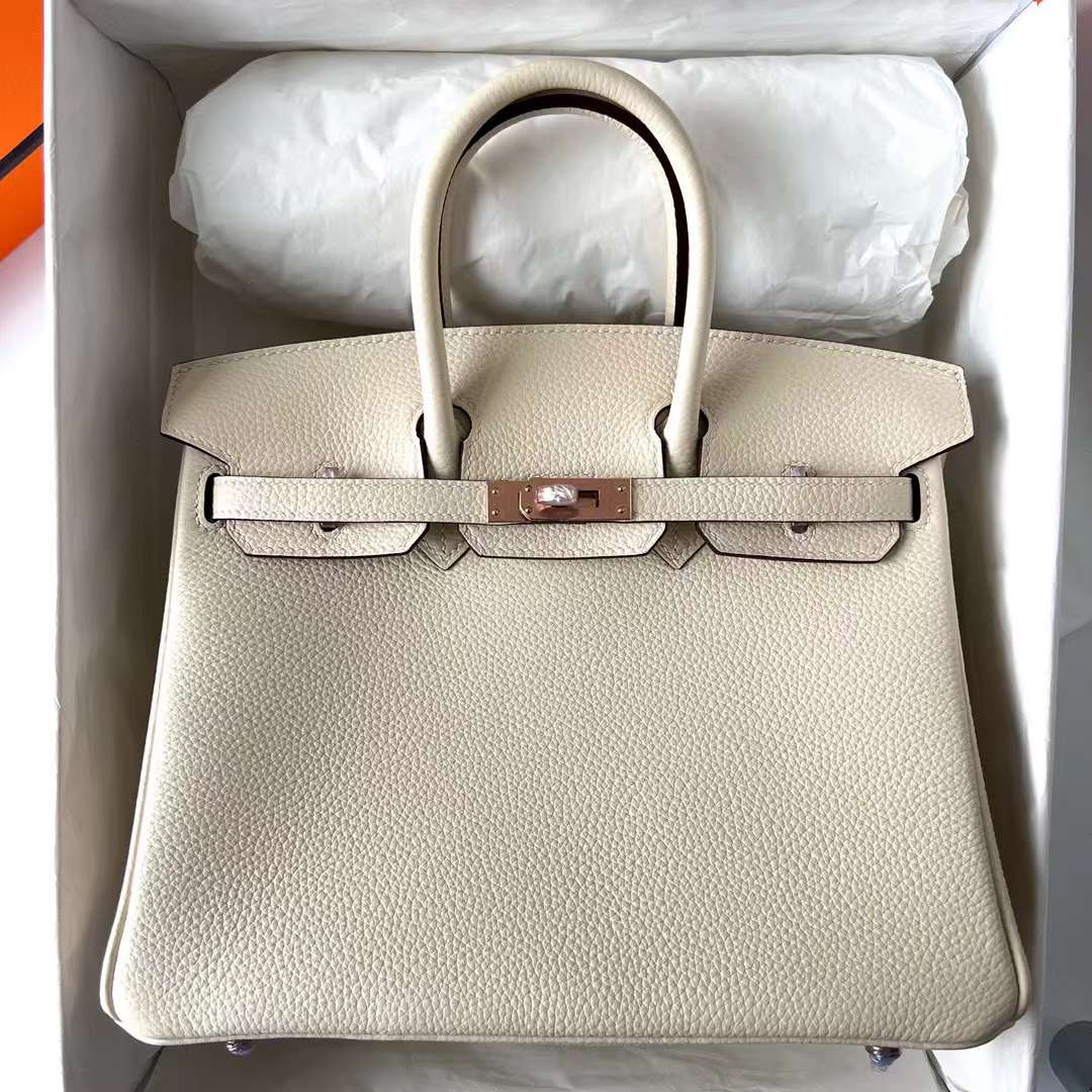 Hermès（爱马仕）Birkin 铂金包 Togo 进口小牛皮 i2 奶油白 玫瑰金扣 25cm 全手工蜡线缝制 Rghw