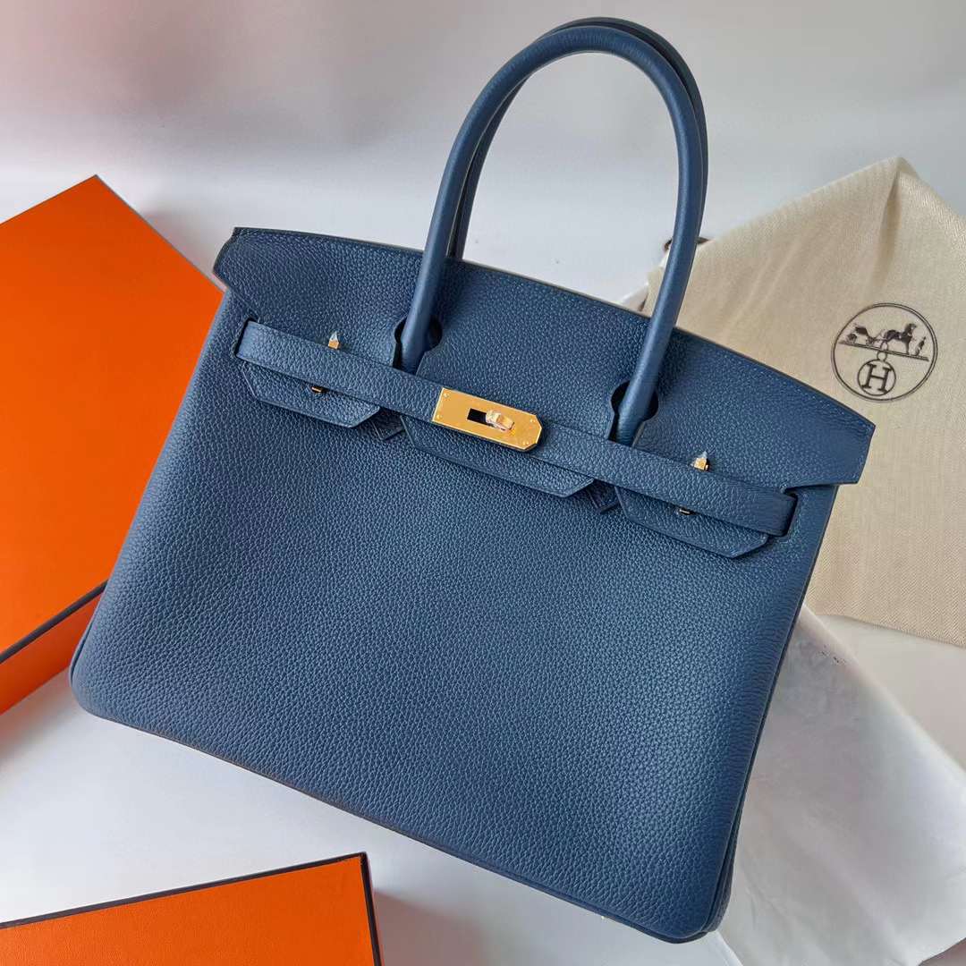 Hermès（爱马仕）Birkin 铂金包 Togo 进口德国小牛皮 S4 深邃蓝 金扣 30cm 全手工蜡线缝制 Ghw