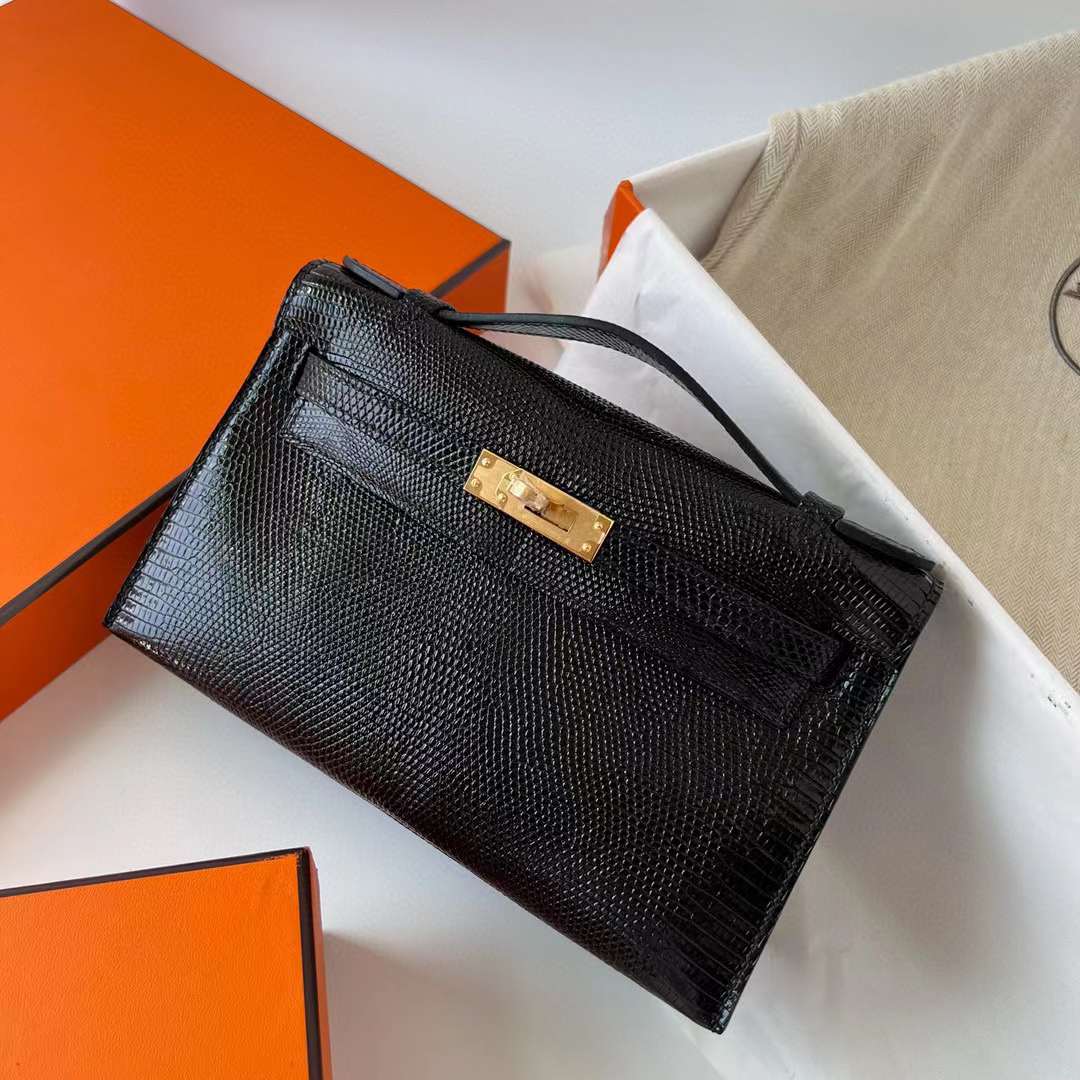 Hermès（爱马仕）Mini Kelly Pochette Lizard 进口蜥蜴皮 Ck89 黑色 金扣 22cm 全手工蜡线缝制 Ghw