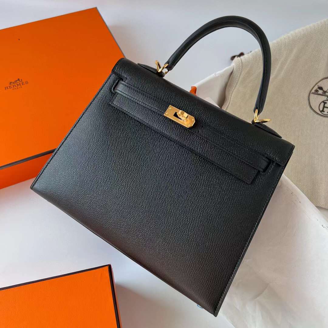 Hermès（爱马仕）Kelly 凯莉包 Epsom Ck89 黑色 金扣 25cm 全手工蜡线缝制 Ghw