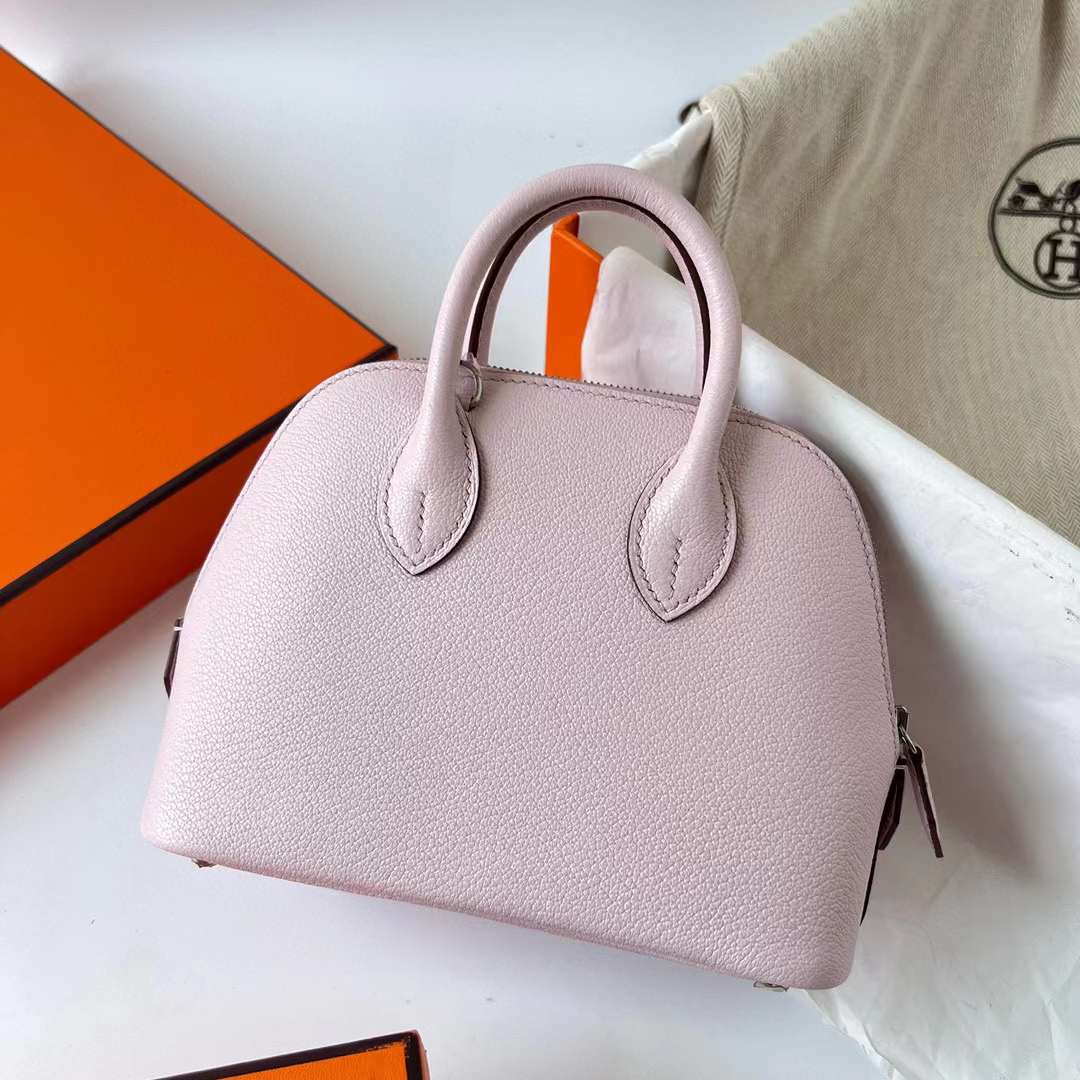 Hermès（爱马仕）Mini Bolide 迷你保龄球包 Chevre 进口山羊皮 09 梦幻粉紫 银扣 19cm 全手工蜡线缝制 Phw