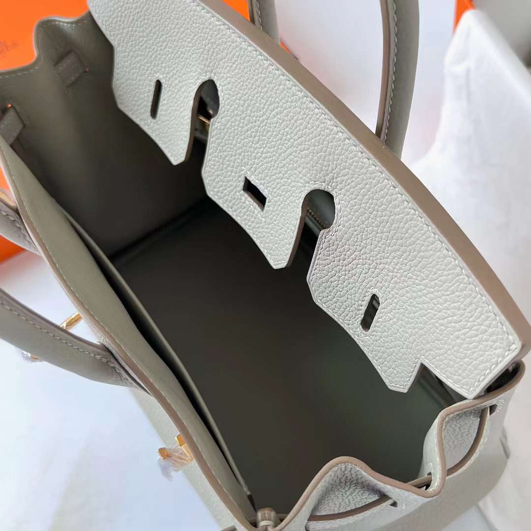 Hermès（爱马仕）Birkin 铂金包 Togo 进口德国小牛皮 Ck80 珍珠灰 金扣 25cm 全手工蜡线缝制 Ghw