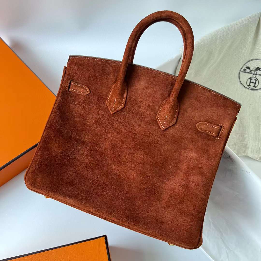 Hermès（爱马仕）Birkin 铂金包 Suede 进口羊皮反绒 麂皮 泰迪色 金扣 25cm 全手工蜡线缝制 Ghw