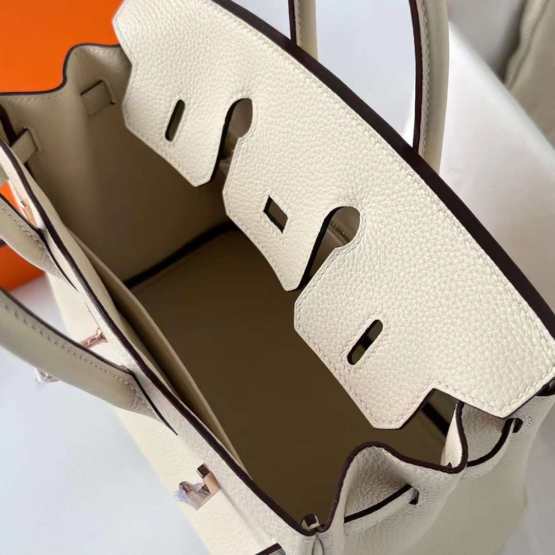 Hermès（爱马仕）Birkin 铂金包 Togo 进口小牛皮 i2 奶油白 玫瑰金扣 25cm 全手工蜡线缝制 Rghw
