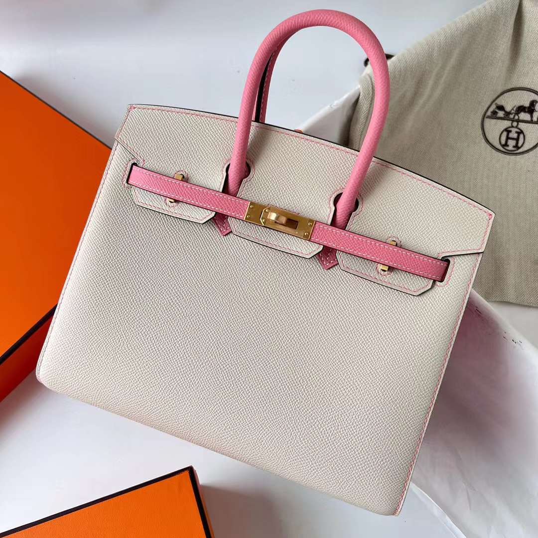 Hermès（爱马仕）Birkin 铂金包 Sellier Epsom Ck10 奶昔白 拼 1Q 奶昔粉 磨砂金扣 25cm 全手工蜡线缝制 Bghw