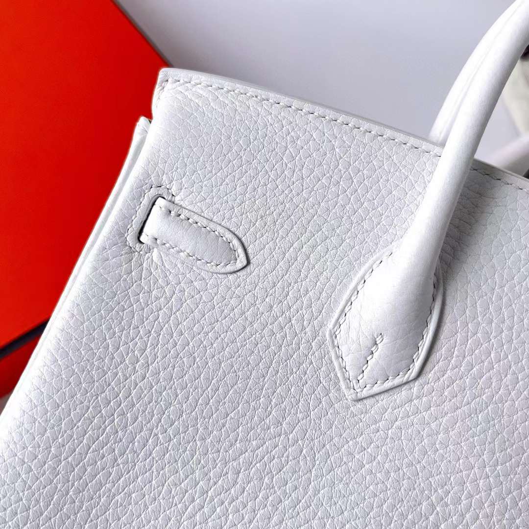 Hermès（爱马仕）Birkin 铂金包 Clemence 进口TC大牛皮 01 纯白 内拼 9R 柠檬黄 拉丝金扣 25cm 全手工蜡线缝制 Bghw