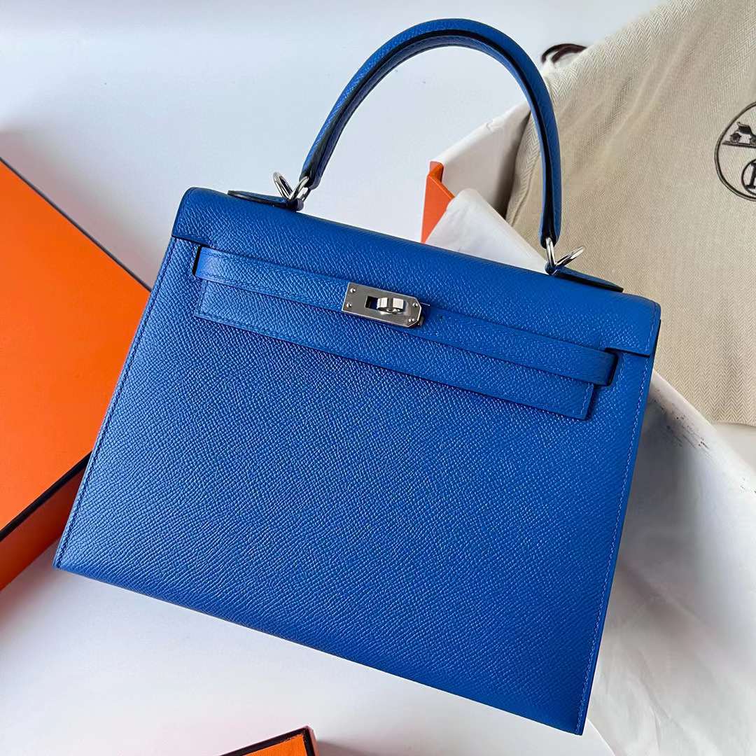 Hermès（爱马仕）Kelly 凯莉包 Epsom Ck71 法国蓝 银扣 25cm 全手工蜡线缝制 Phw