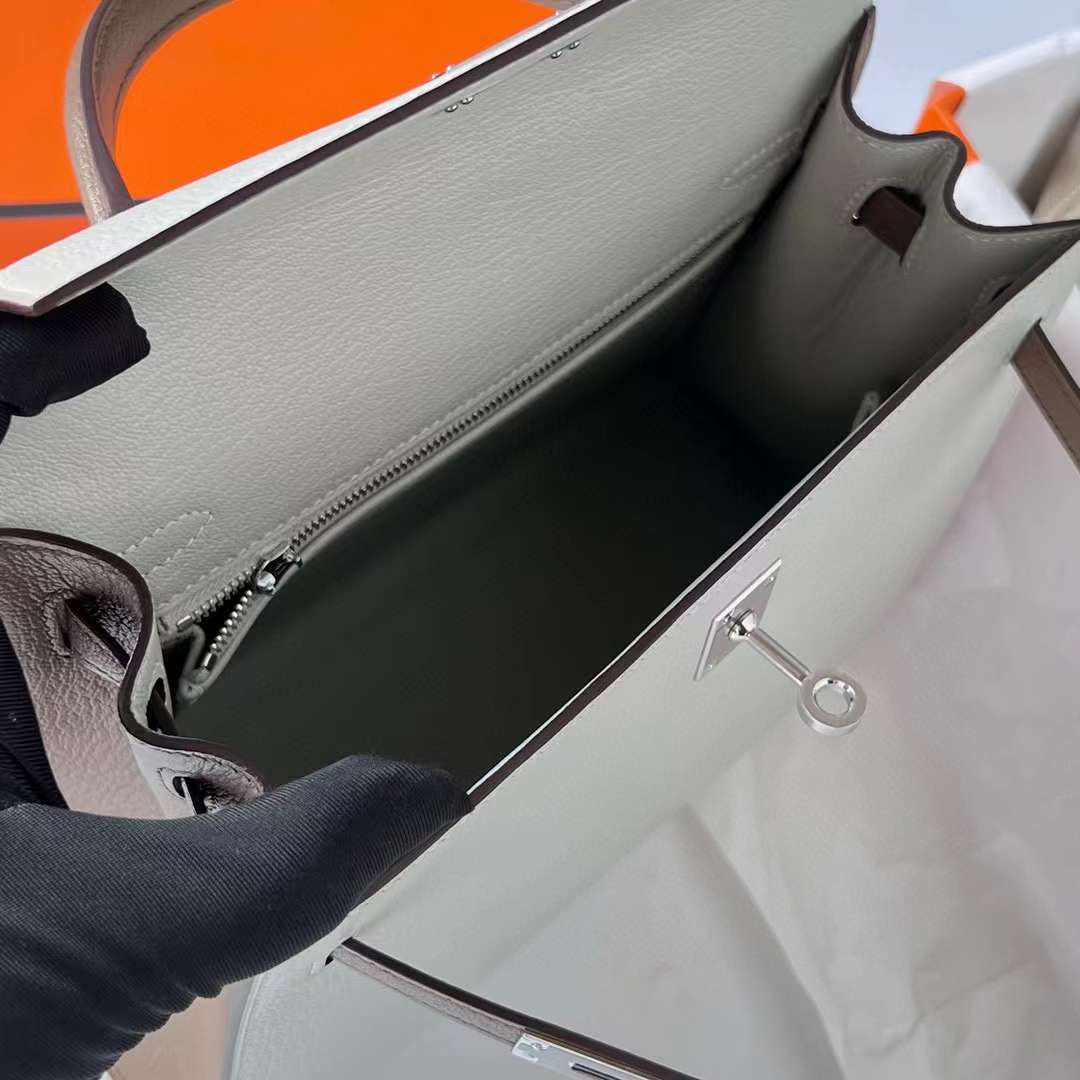 Hermès（爱马仕）Kelly 凯莉包 Chevre 进口山羊皮 Ck80 珍珠灰 拼 Ck18 大象灰 银扣 25cm 全手工蜡线缝制 Phw