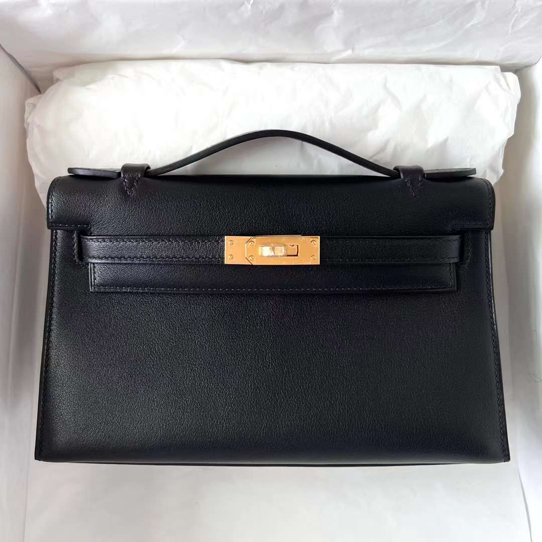 Hermès（爱马仕）Mini Kelly Pochette Swift Ck89 黑色 金扣 22cm 全手工蜡线缝制 Ghw