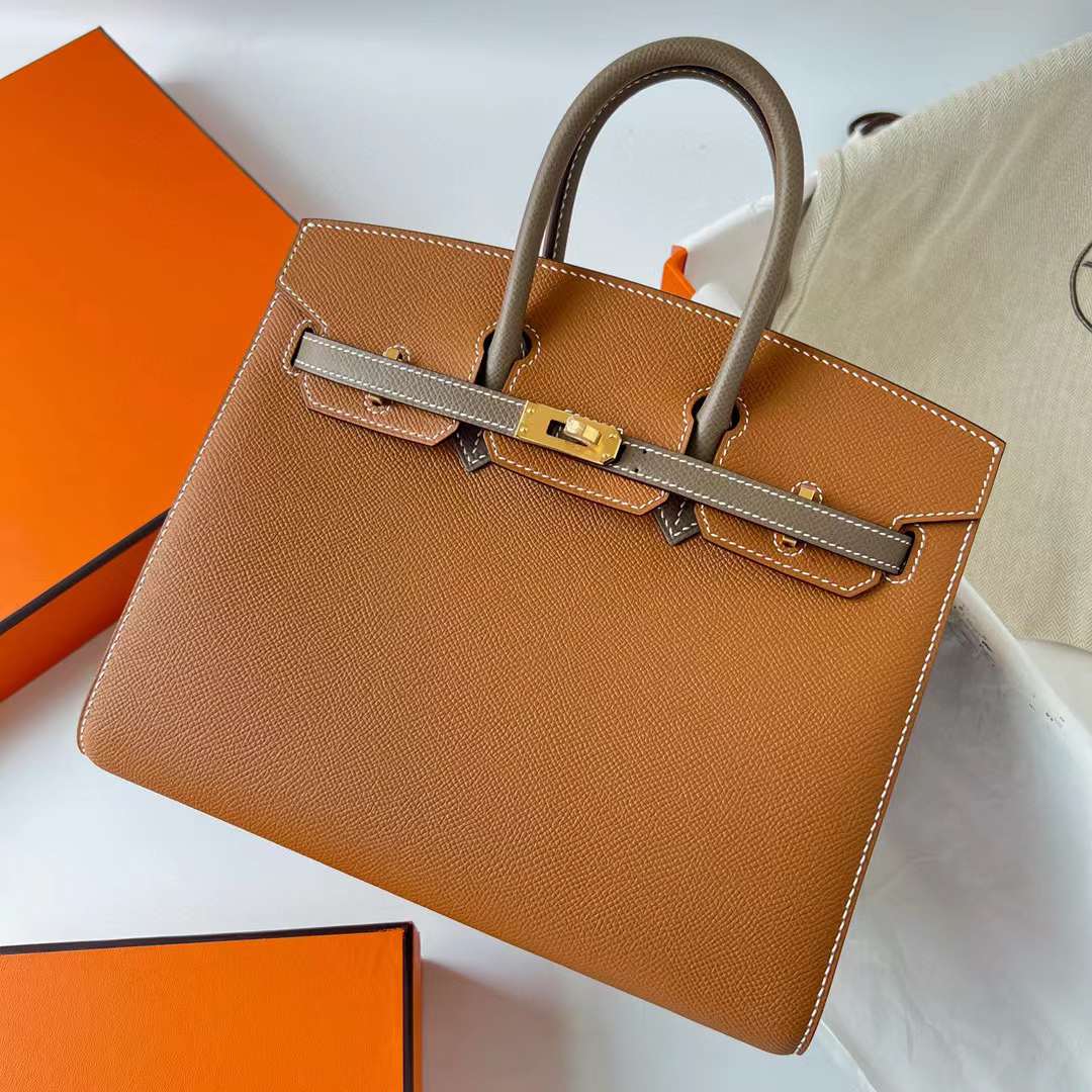 Hermès（爱马仕）Birkin 铂金包 Sellier Epsom Ck37 金棕色 拼 Ck18 大象灰 金扣 25cm 全手工蜡线缝制 Ghw