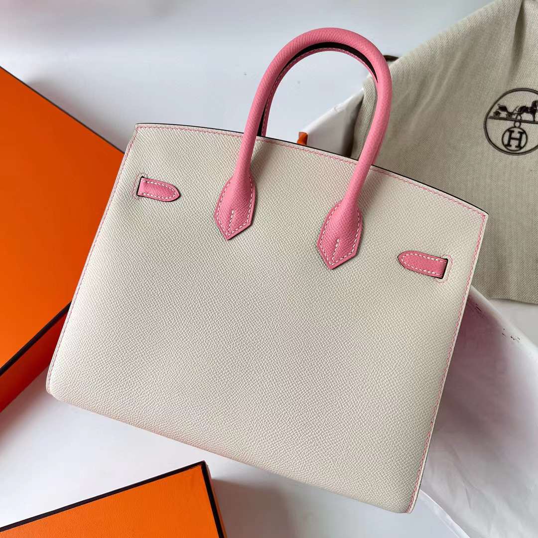 Hermès（爱马仕）Birkin 铂金包 Sellier Epsom Ck10 奶昔白 拼 1Q 奶昔粉 磨砂金扣 25cm 全手工蜡线缝制 Bghw