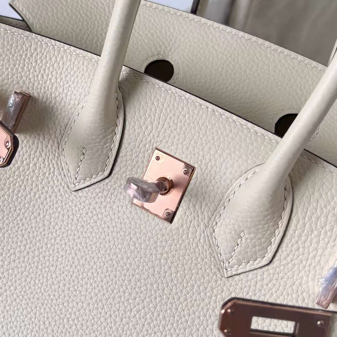 Hermès（爱马仕）Birkin 铂金包 Togo 进口小牛皮 i2 奶油白 玫瑰金扣 25cm 全手工蜡线缝制 Rghw