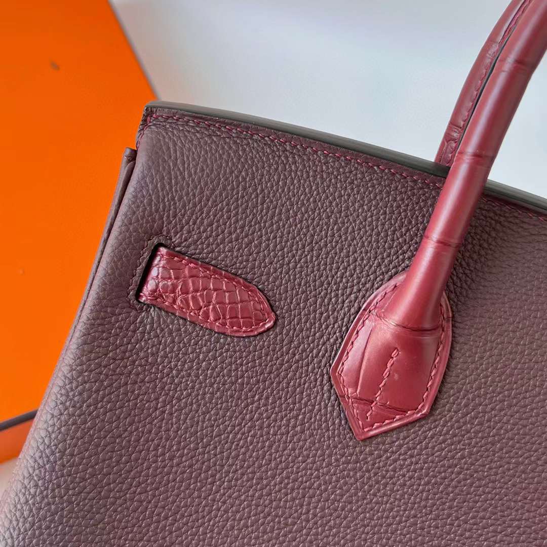 Hermès（爱马仕）Birkin 铂金包 Touch Togo皮 拼 雾面美洲鳄 Ck55 爱马仕红 金扣 30cm 全手工蜡线缝制 Ghw