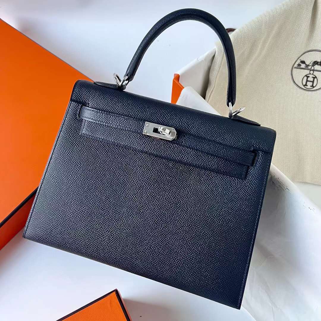 Hermès（爱马仕）Kelly 凯莉包 Epsom Ck76 深海蓝 银扣 25cm 全手工蜡线缝制 Phw
