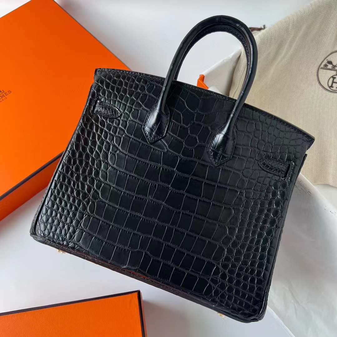 Hermès（爱马仕）Birkin 铂金包 雾面美洲鳄鱼皮 Matte Alligator Crocodile Ck89 黑色 金扣 25cm 全手工蜡线缝制 Ghw