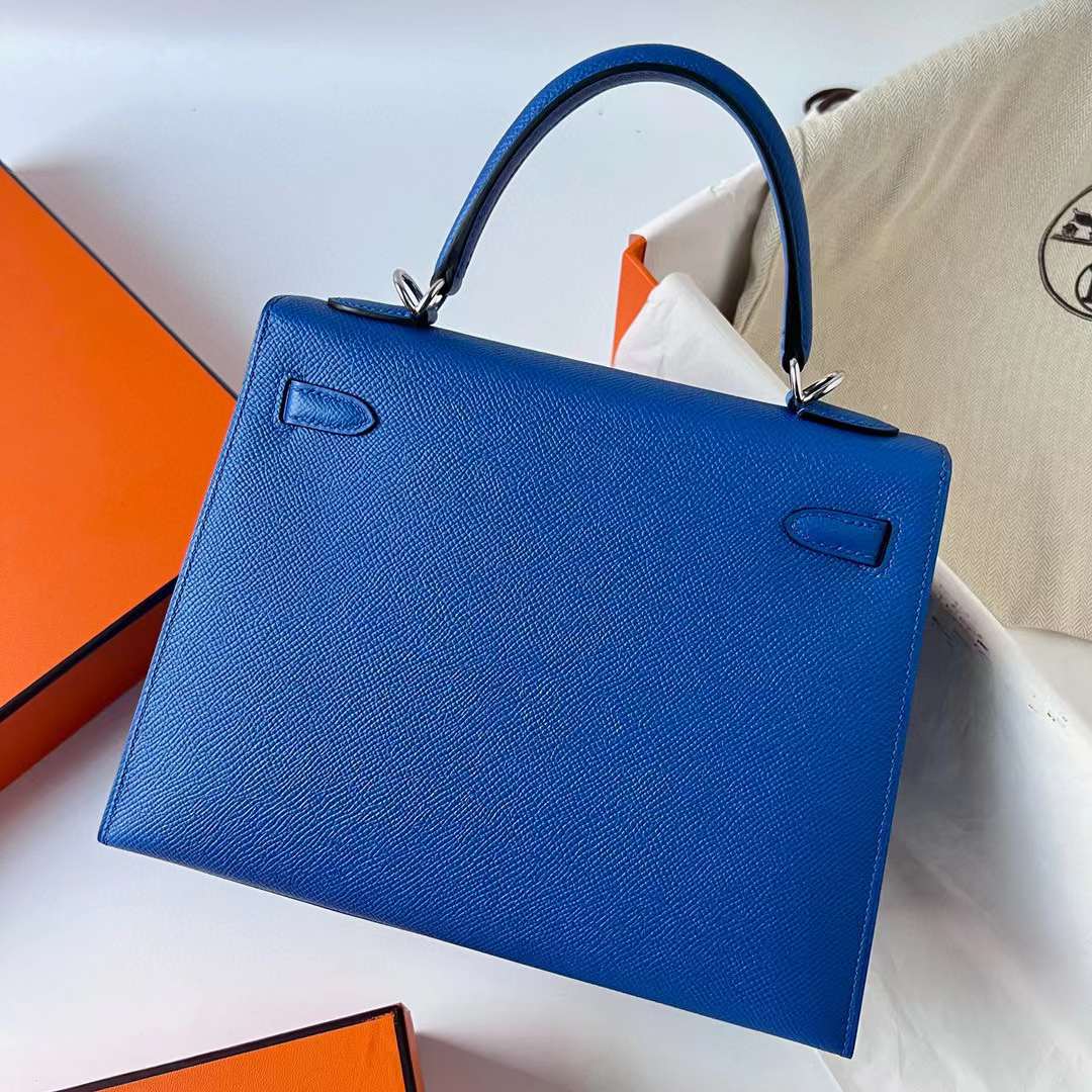 Hermès（爱马仕）Kelly 凯莉包 Epsom Ck71 法国蓝 银扣 25cm 全手工蜡线缝制 Phw