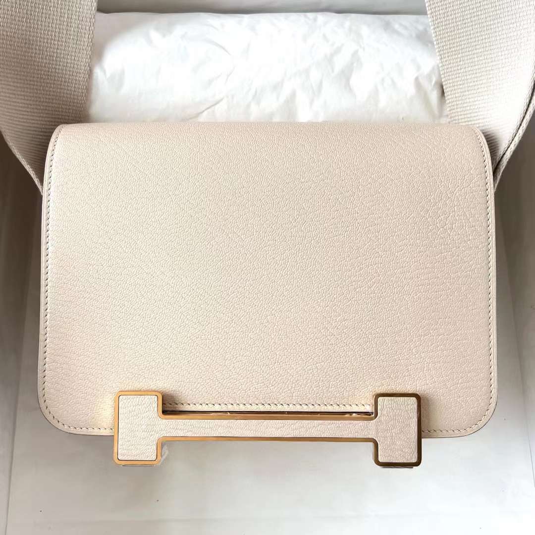 Hermès（爱马仕）Geta 木屐包 Chevre 进口山羊皮 I2 奶油白 金扣 20cm 全手工蜡线缝制 Ghw