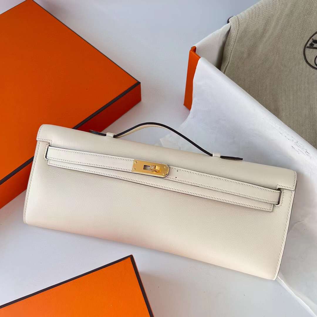 Hermès（爱马仕）Kelly cut Swift I2 奶油白 金扣 31cm 全手工蜡线缝制 Ghw