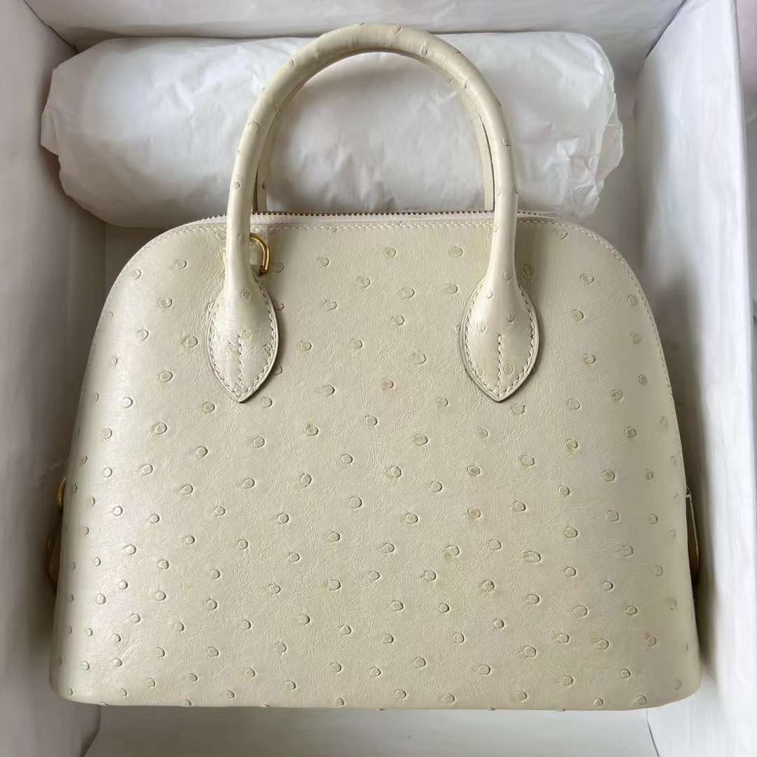 Hermès（爱马仕）Bolide 保龄球包 Ostrich 进口鸵鸟皮 3C 羊毛白 金扣 25cm 全手工蜡线缝制 Ghw