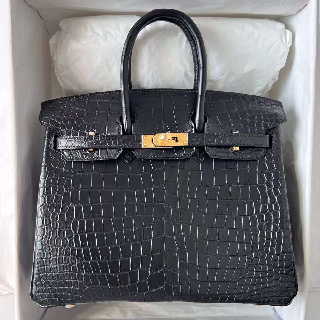 Hermès（爱马仕）Birkin 铂金包 雾面倒v澳洲湾鳄 Matte Porosus Crocodile Ck89 黑色 金扣 25cm 全手工蜡线缝制 Ghw