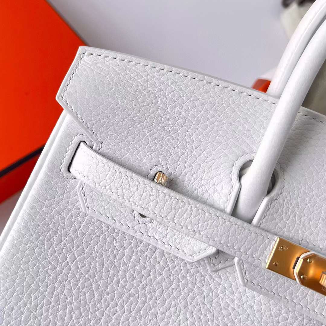 Hermès（爱马仕）Birkin 铂金包 Clemence 进口TC大牛皮 01 纯白 内拼 9R 柠檬黄 拉丝金扣 25cm 全手工蜡线缝制 Bghw