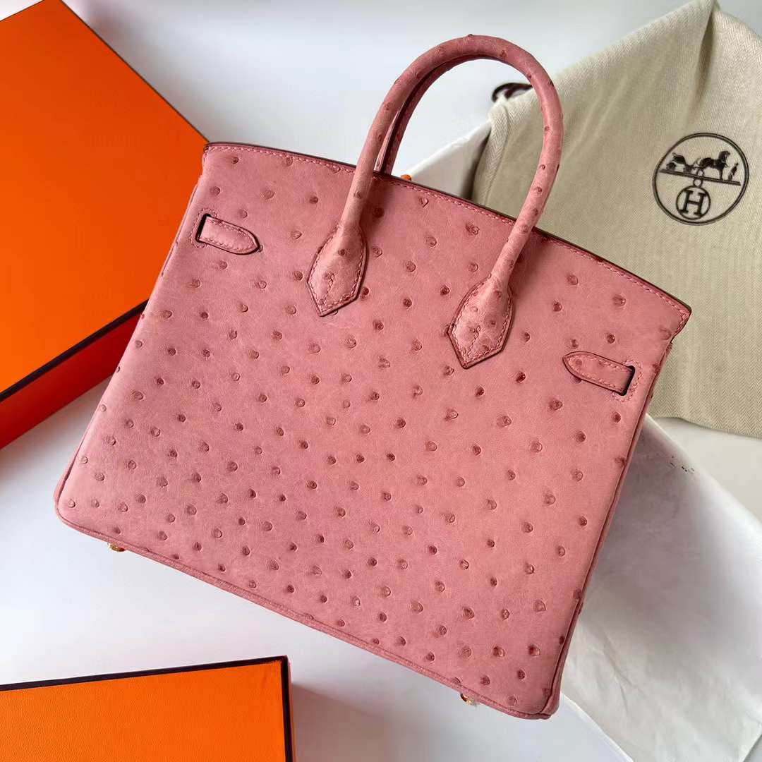 Hermès（爱马仕）Birkin 铂金包 Ostrich 进口鸵鸟皮 Ck94 陶瓷粉 金扣 25cm 全手工蜡线缝制 Ghw