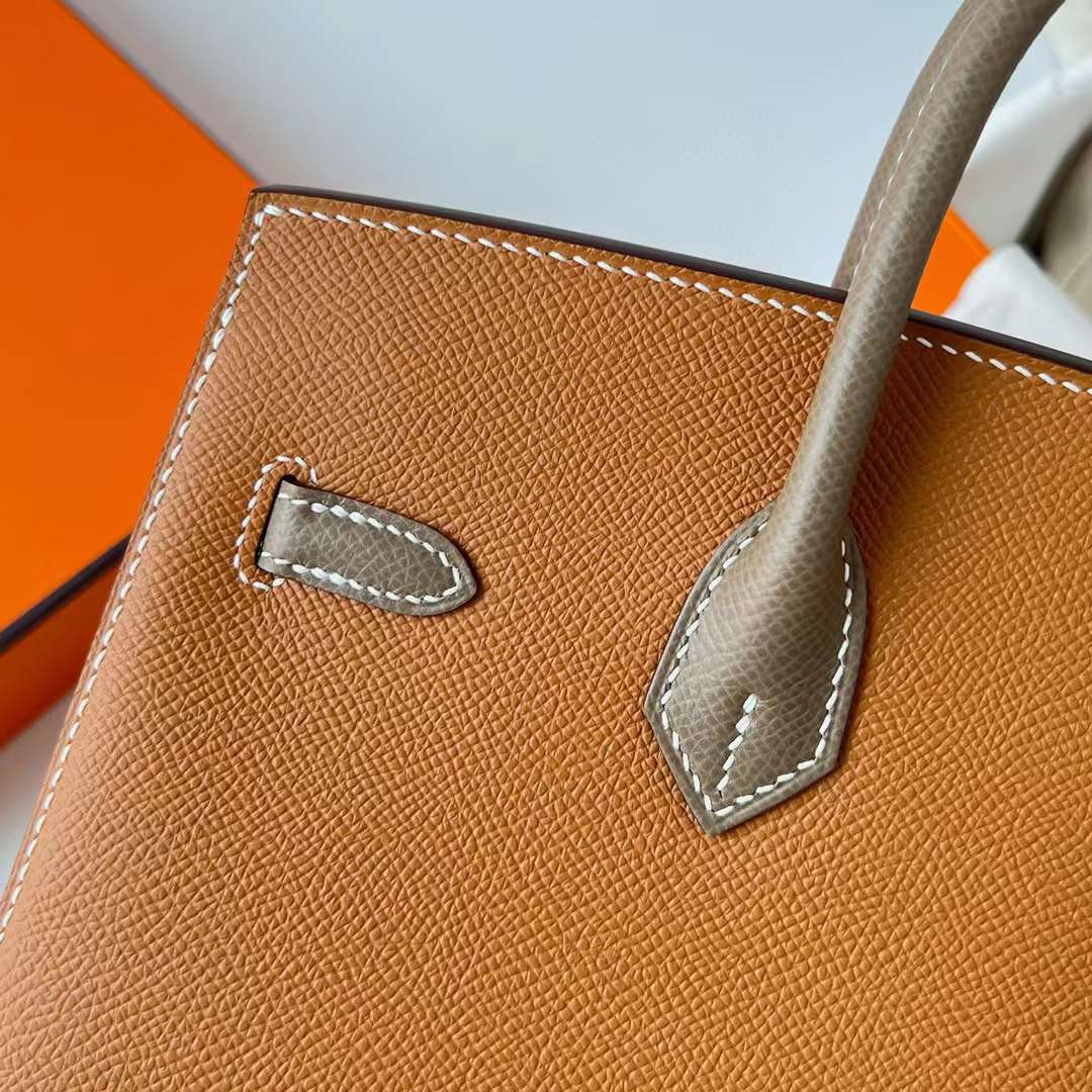 Hermès（爱马仕）Birkin 铂金包 Sellier Epsom Ck37 金棕色 拼 Ck18 大象灰 金扣 25cm 全手工蜡线缝制 Ghw