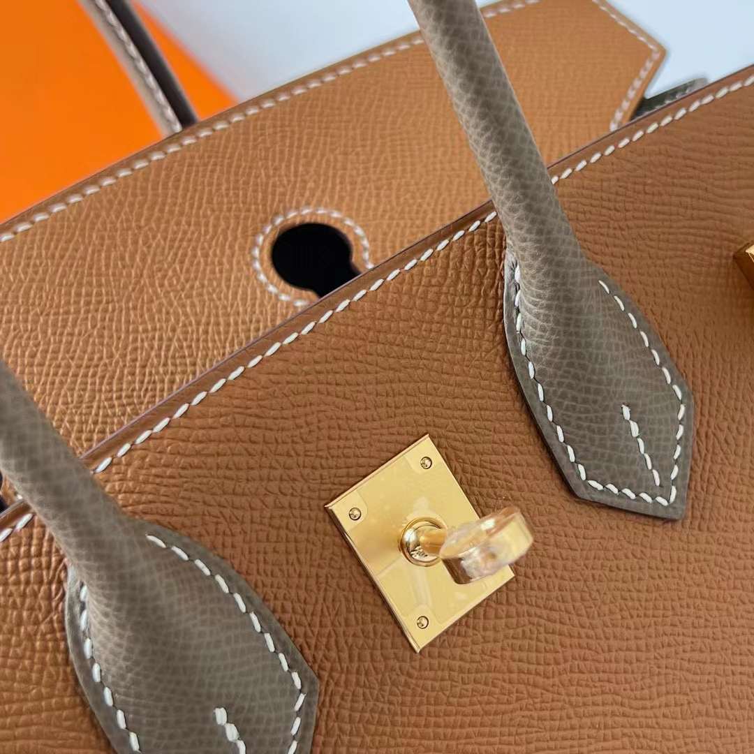 Hermès（爱马仕）Birkin 铂金包 Sellier Epsom Ck37 金棕色 拼 Ck18 大象灰 金扣 25cm 全手工蜡线缝制 Ghw
