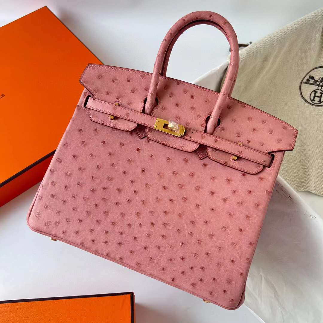 Hermès（爱马仕）Birkin 铂金包 Ostrich 进口鸵鸟皮 Ck94 陶瓷粉 金扣 25cm 全手工蜡线缝制 Ghw